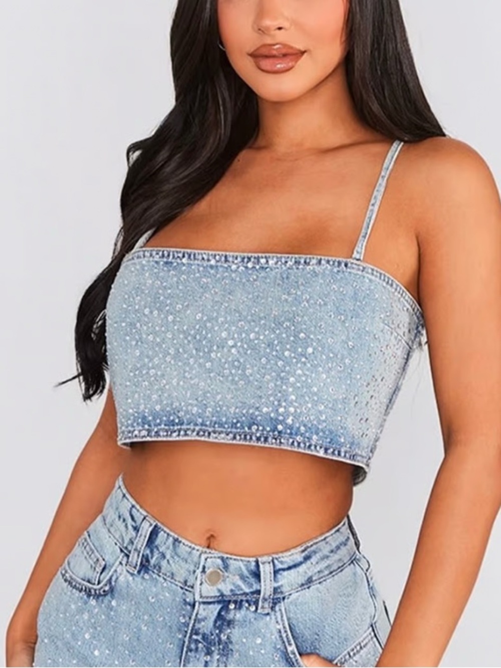 Blue Denim Rhinestone Crop Top